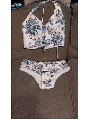 Women's Unbranded White & Blue Floral Bikini Set S